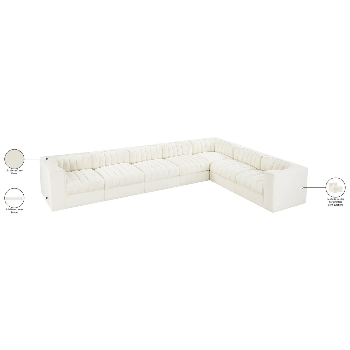 Rummi Cream Velvet Performance Fabric Upholstered 7 Piece Modular Sectional Sofa