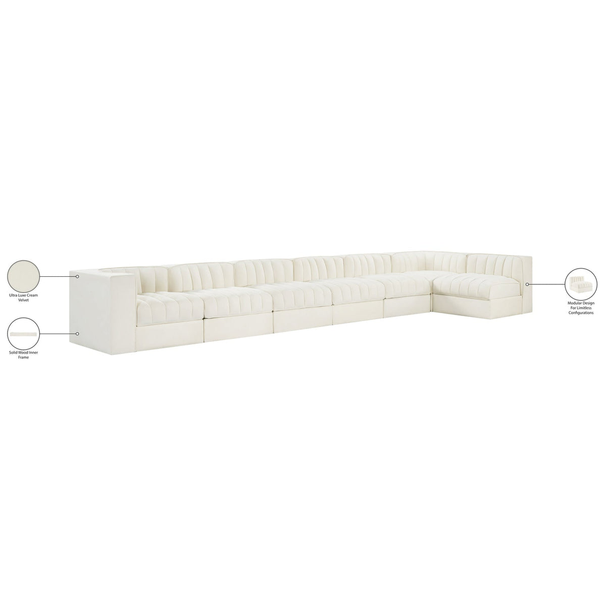 Rummi Cream Velvet Performance Fabric Upholstered 7 Piece Modular Sectional Sofa