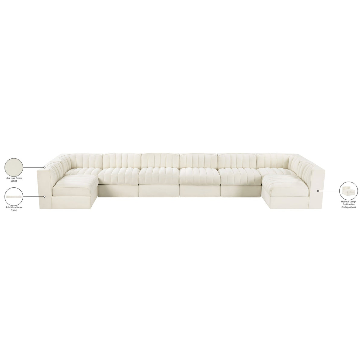 Rummi Cream Velvet Performance Fabric Upholstered 8 Piece Modular Sectional Sofa