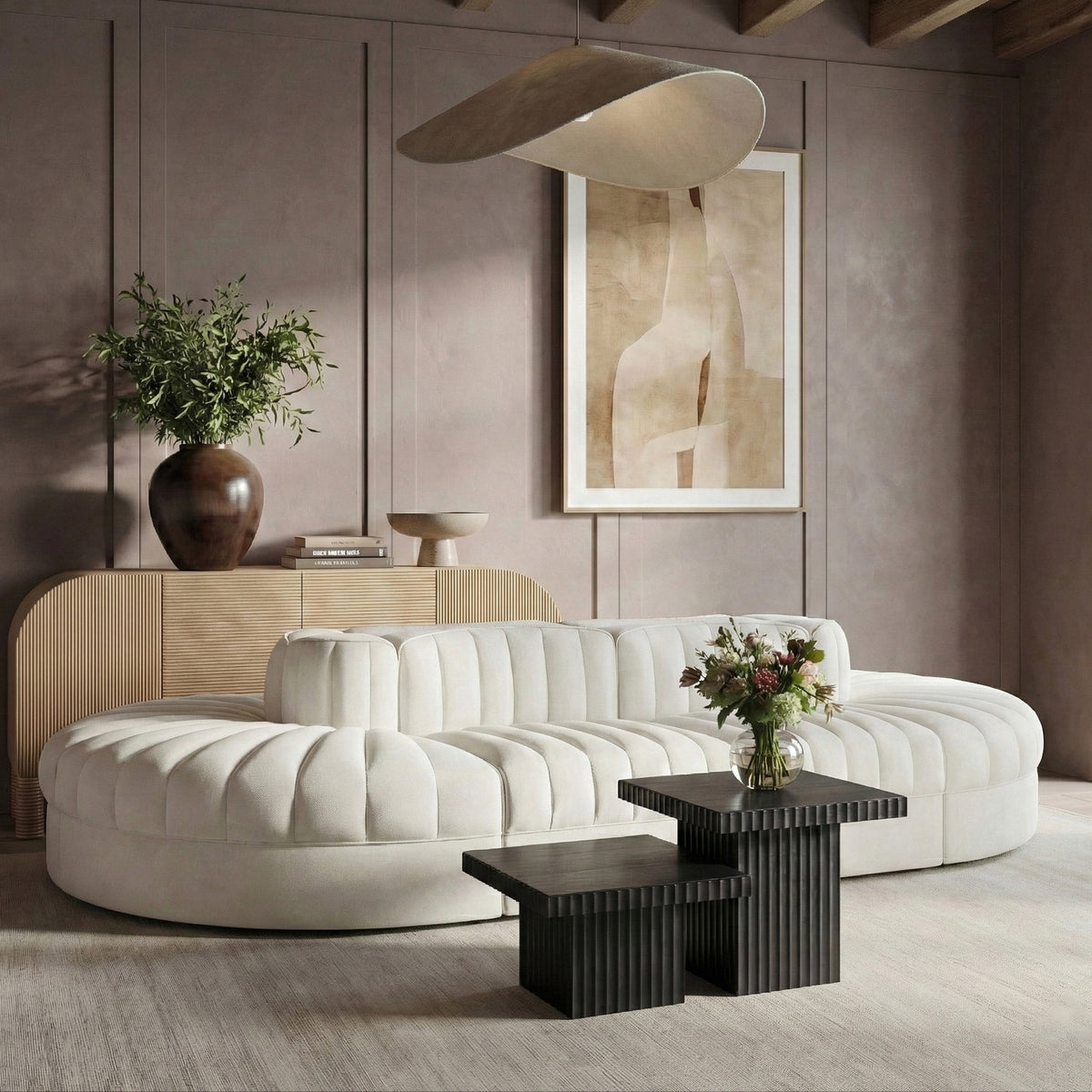 Rummi Cream Velvet Performance Fabric Upholstered 8 Piece Modular Sectional Sofa