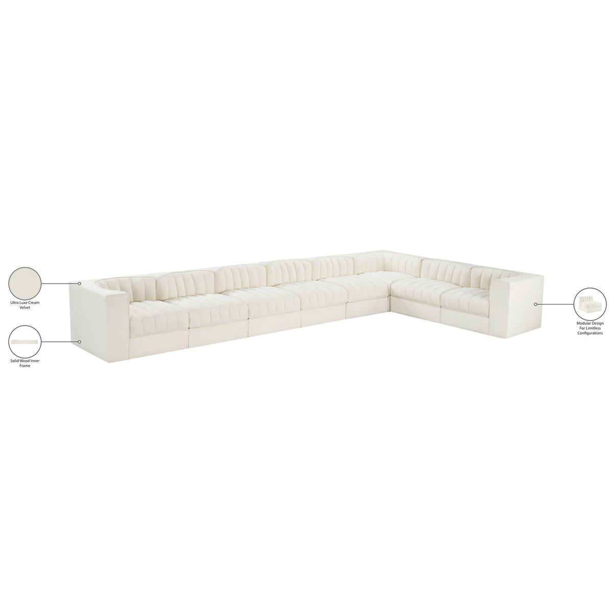 Rummi Cream Velvet Performance Fabric Upholstered 8 Piece Modular Sectional Sofa
