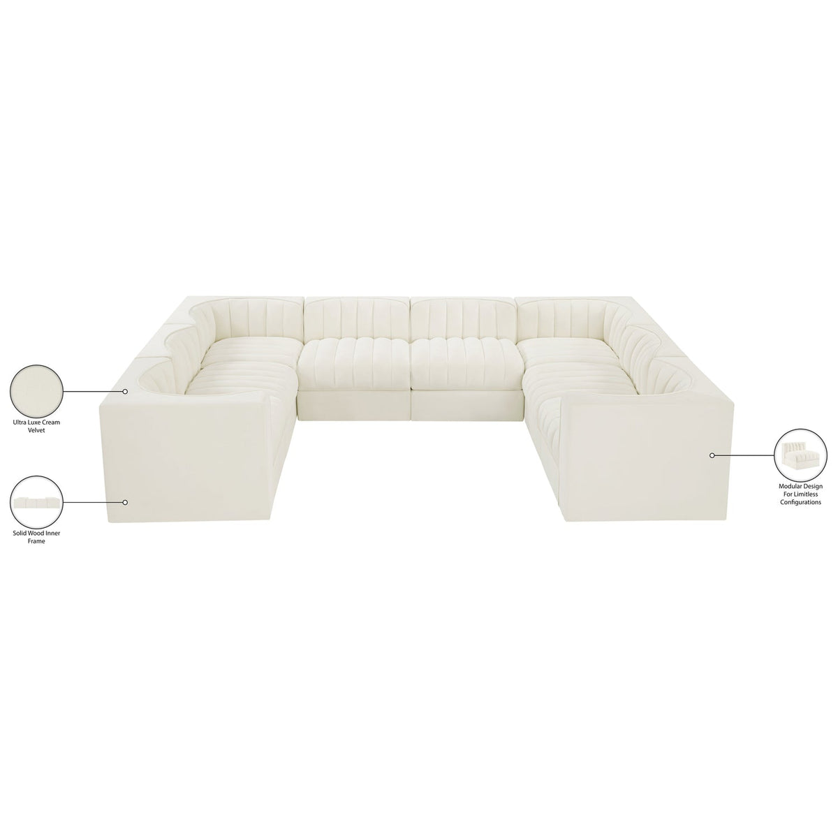 Rummi Cream Velvet Performance Fabric Upholstered Modular Sectional Sofa