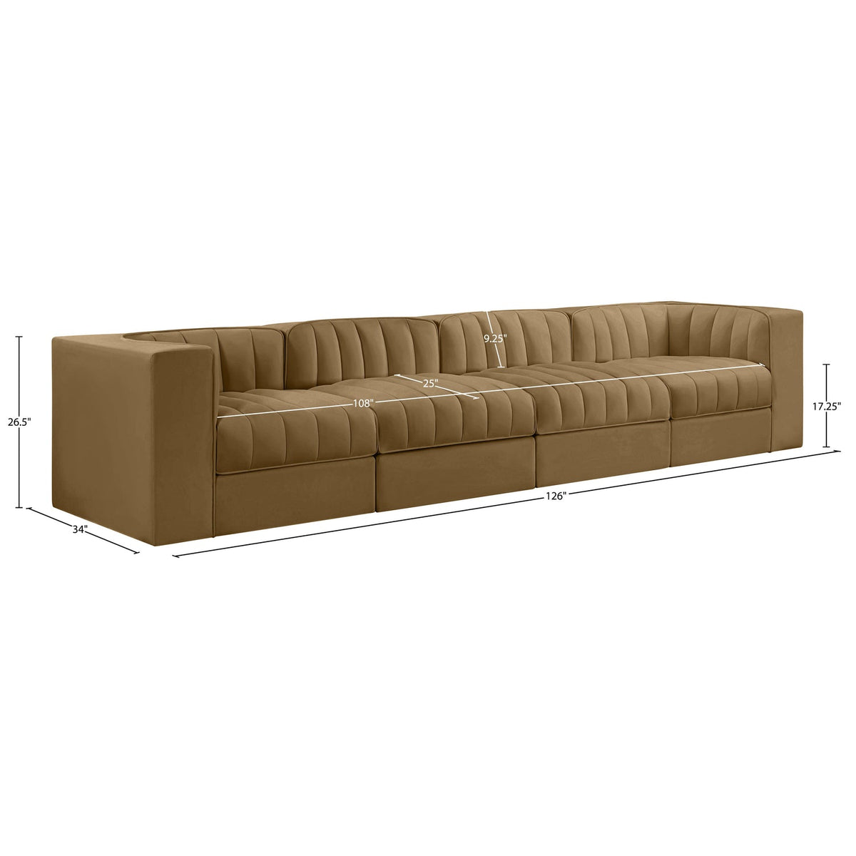 Rummi Saddle Velvet Performance Fabric Upholstered 4 Piece Modular Sofa
