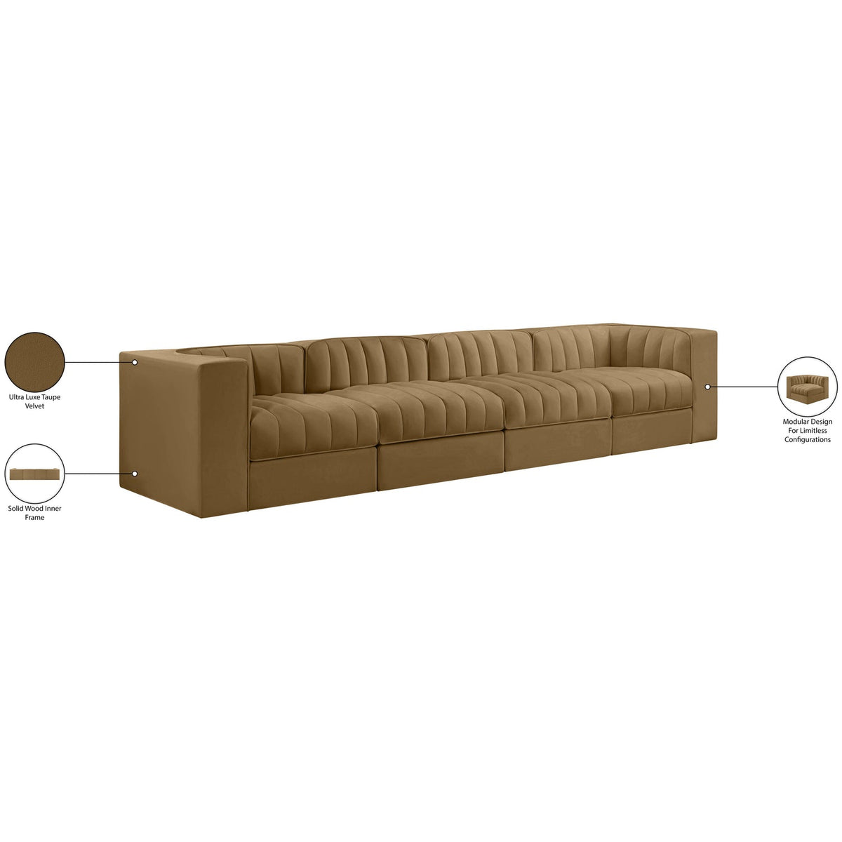 Rummi Saddle Velvet Performance Fabric Upholstered 4 Piece Modular Sofa