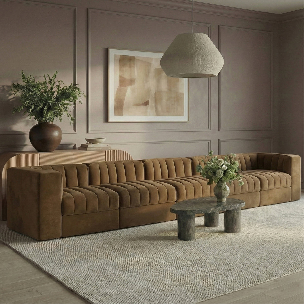 Rummi Saddle Velvet Performance Fabric Upholstered 5 Piece. Modular Sofa