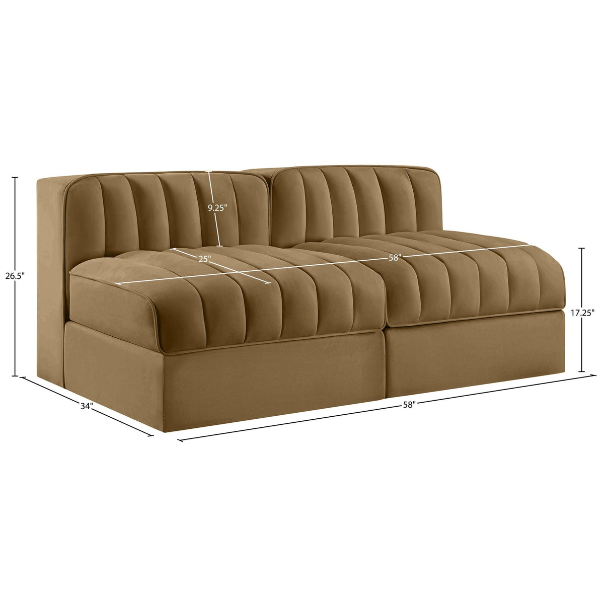 Rummi Saddle Velvet Performance Fabric Upholstered 2 Piece Modular Loveseat