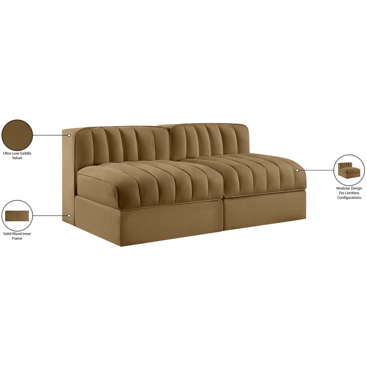 Rummi Saddle Velvet Performance Fabric Upholstered 2 Piece Modular Loveseat