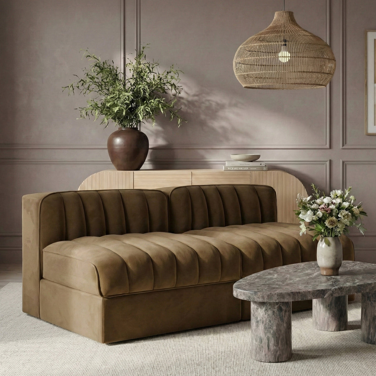 Rummi Saddle Velvet Performance Fabric Upholstered 2 Piece Modular Loveseat