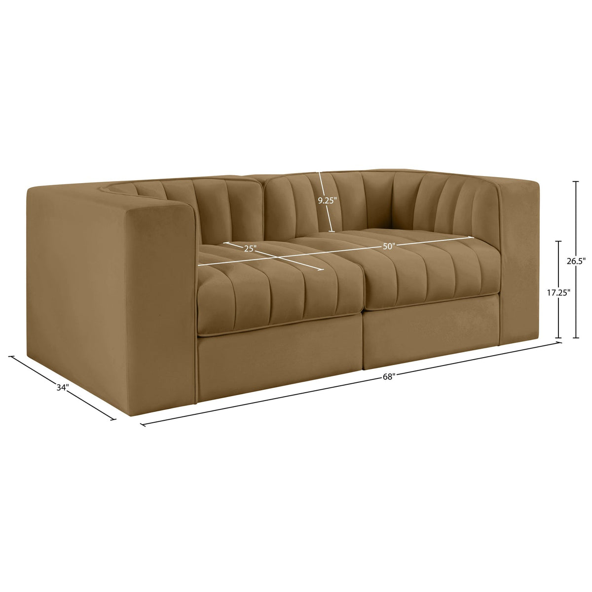 Rummi Saddle Velvet Performance Fabric Upholstered 2 Piece Modular Loveseat