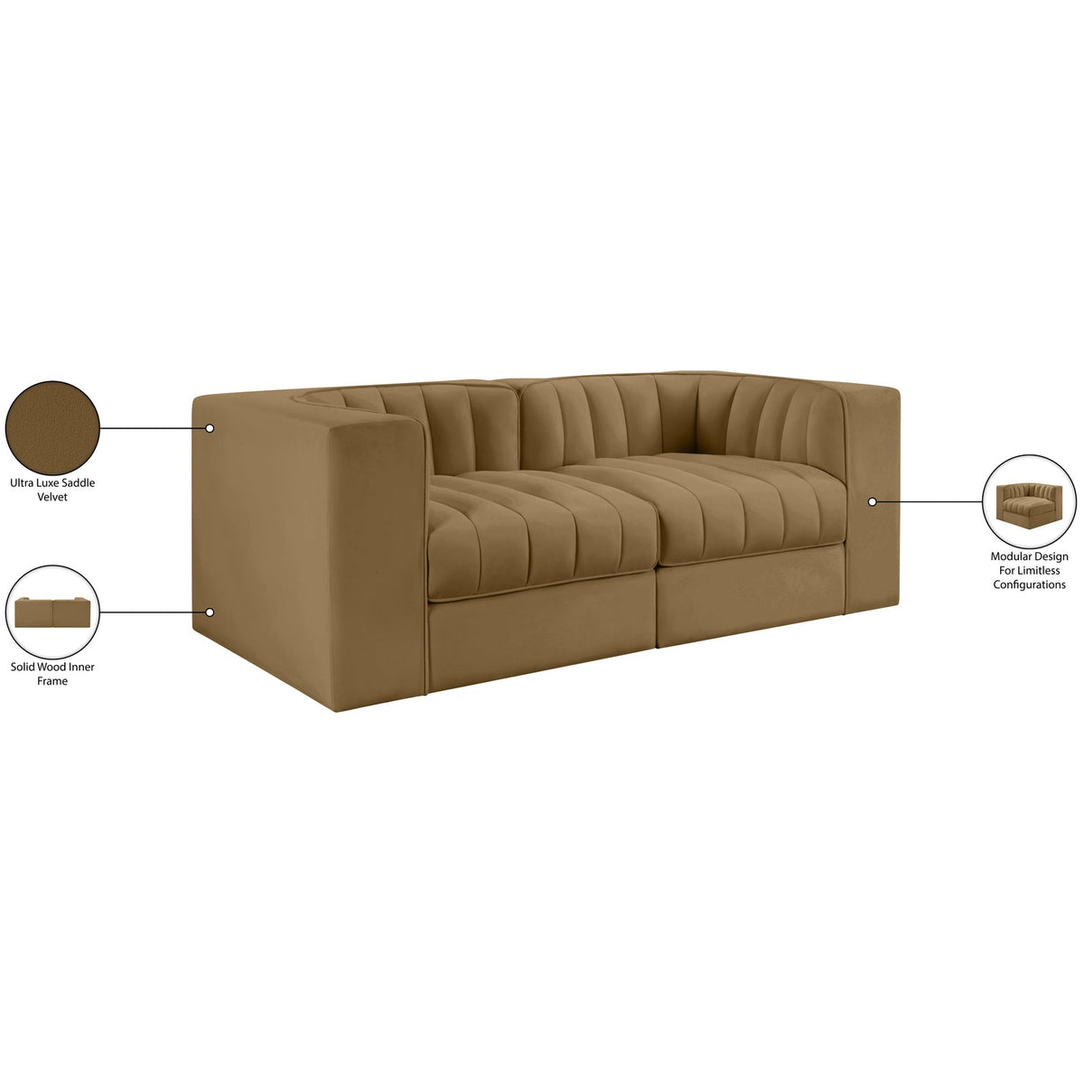 Rummi Saddle Velvet Performance Fabric Upholstered 2 Piece Modular Loveseat