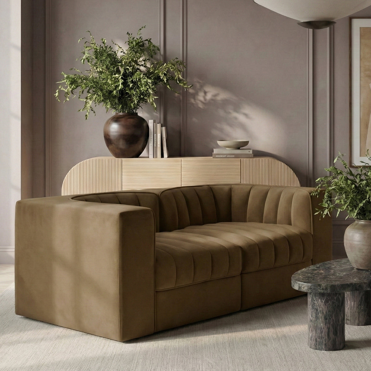 Rummi Saddle Velvet Performance Fabric Upholstered 2Piece. Modular Loveseat