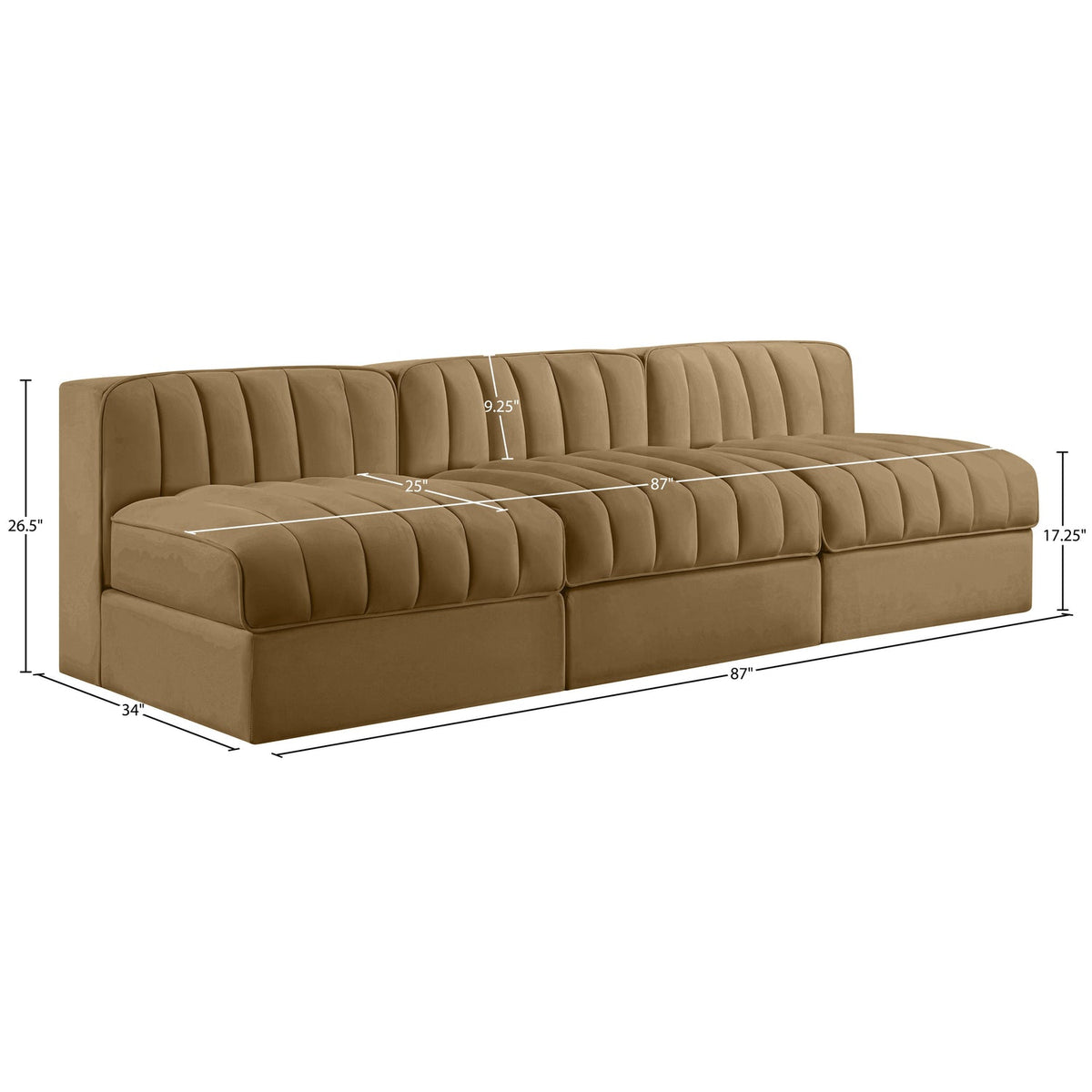 Rummi Saddle Velvet Performance Fabric Upholstered 3 Piece Modular Sofa