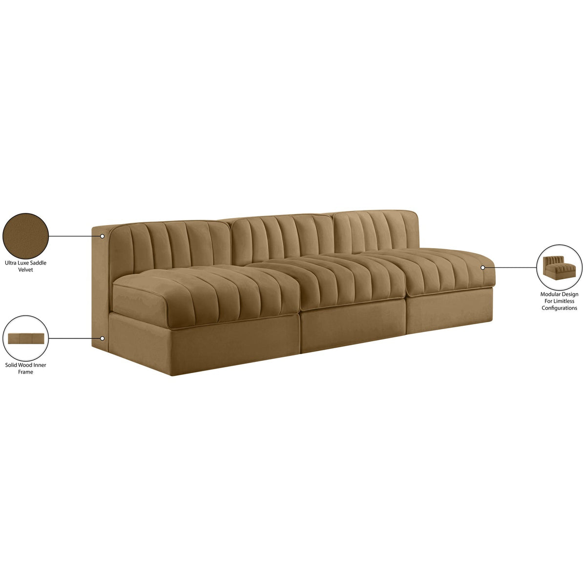 Rummi Saddle Velvet Performance Fabric Upholstered 3 Piece Modular Sofa