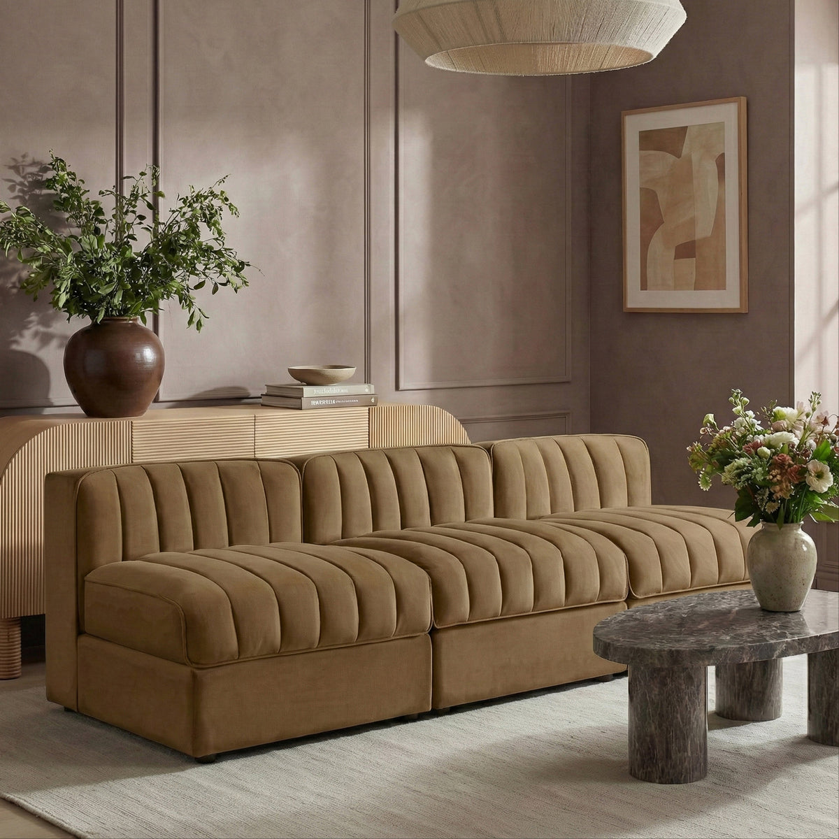 Rummi Saddle Velvet Performance Fabric Upholstered 3 Piece. Modular Sofa