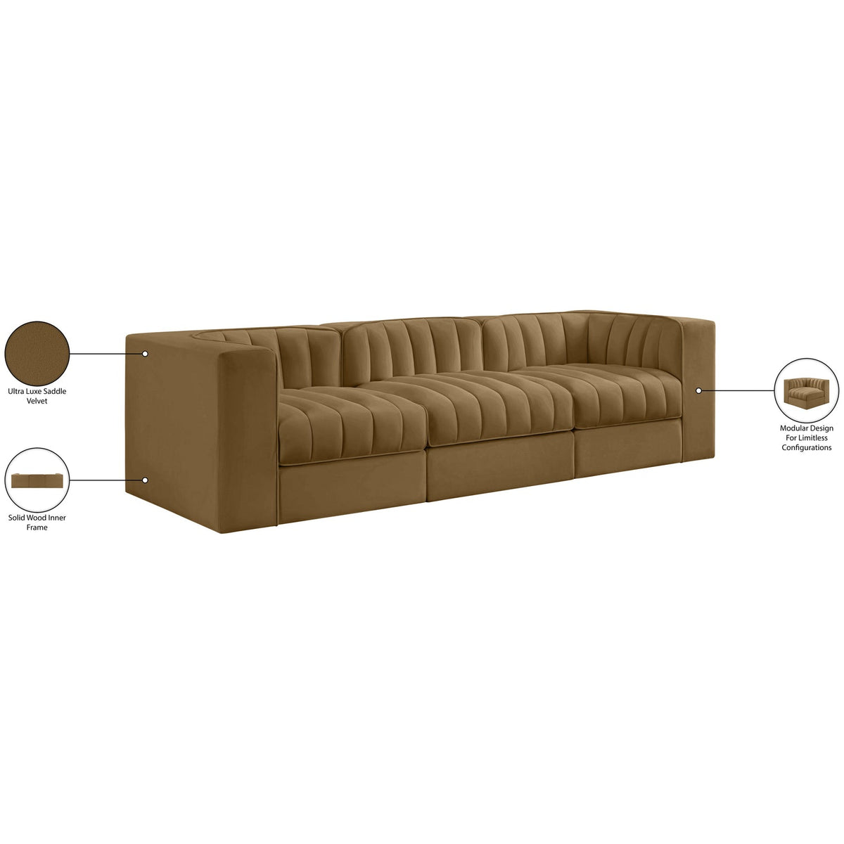 Rummi Saddle Velvet Performance Fabric Upholstered 3 Piece Modular Sofa