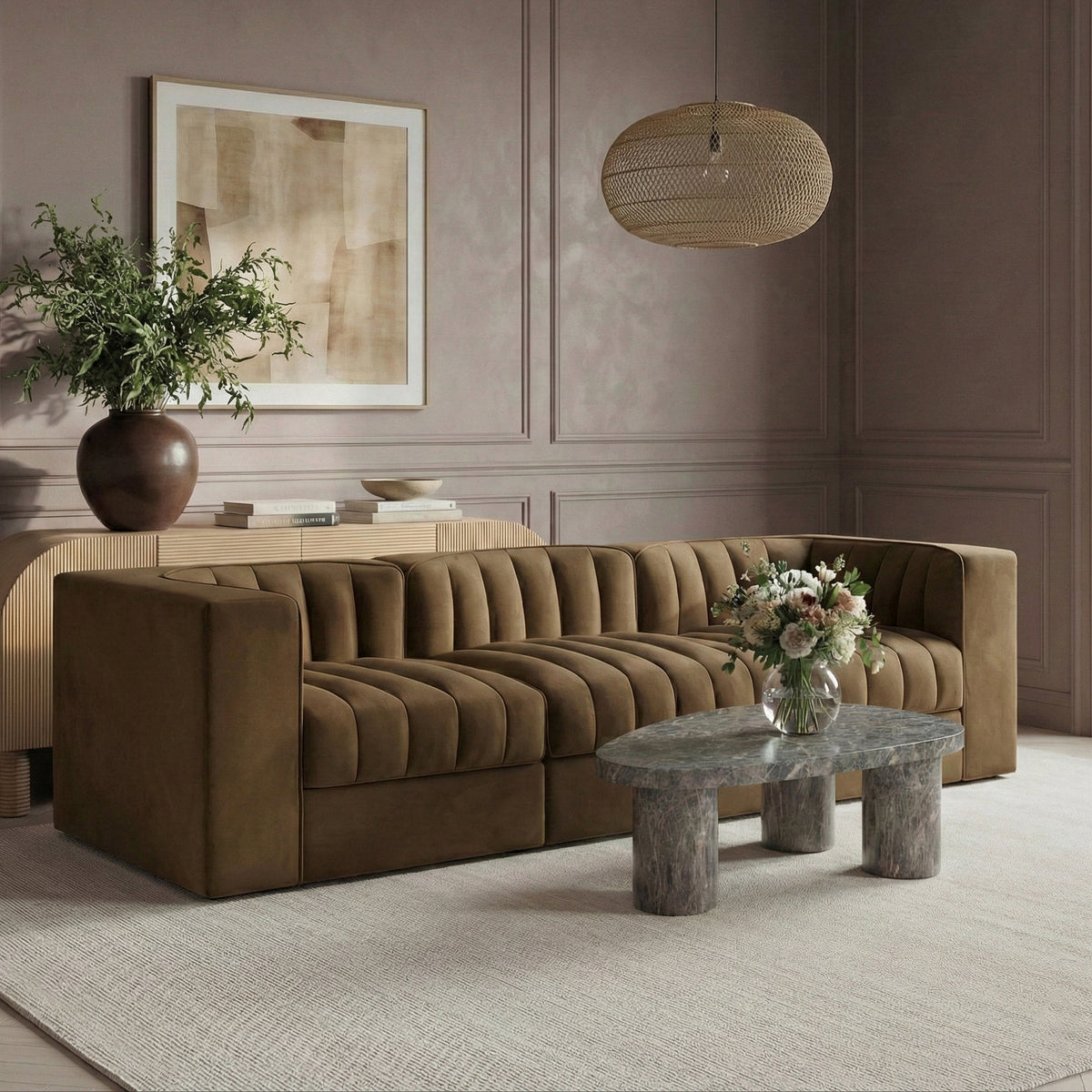 Rummi Saddle Velvet Performance Fabric Upholstered 3 Piece. Modular Sofa