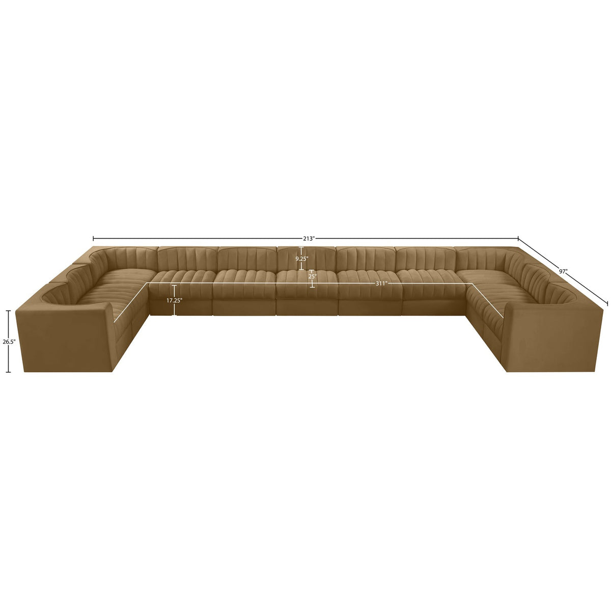 Rummi Saddle Velvet Performance Fabric Upholstered 11 Piece Modular Sectional Sofa