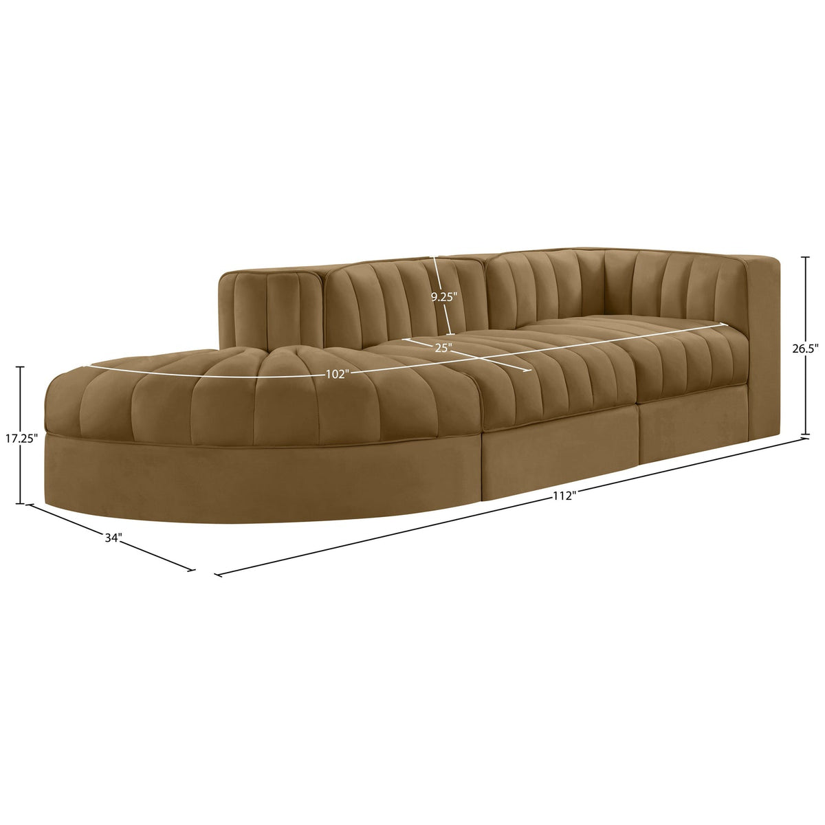 Rummi Saddle Velvet Performance Fabric Upholstered 3 Piece Modular Sectional Sofa