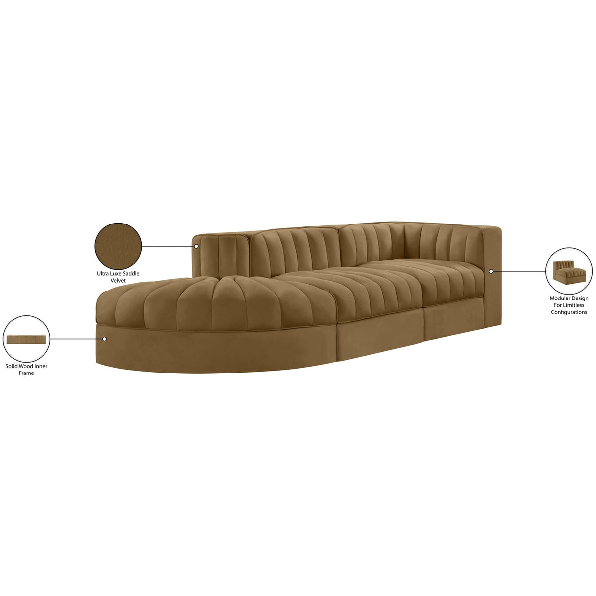 Rummi Saddle Velvet Performance Fabric Upholstered 3 Piece Modular Sectional Sofa