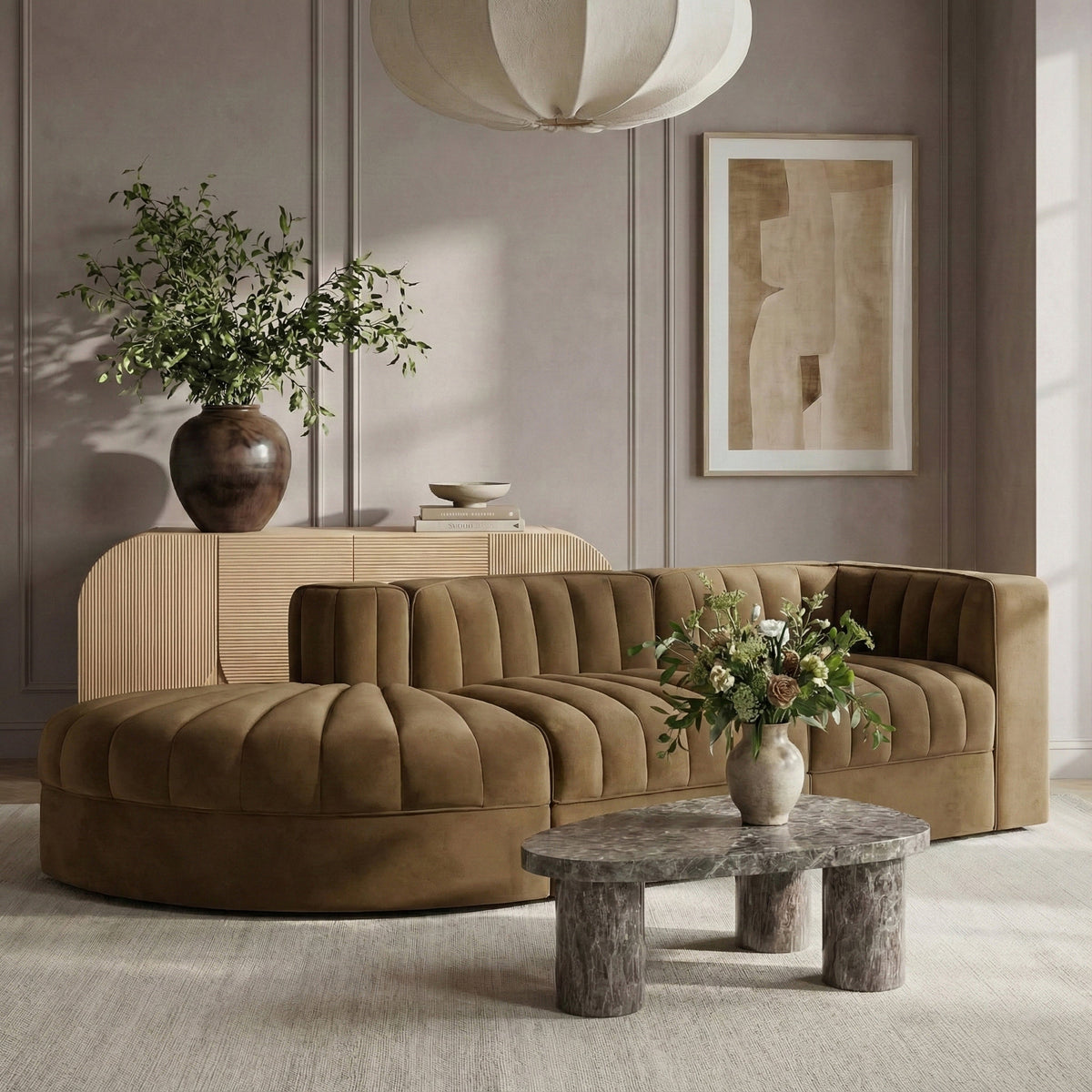 Rummi Saddle Velvet Performance Fabric Upholstered 3 Piece Modular Sectional Sofa