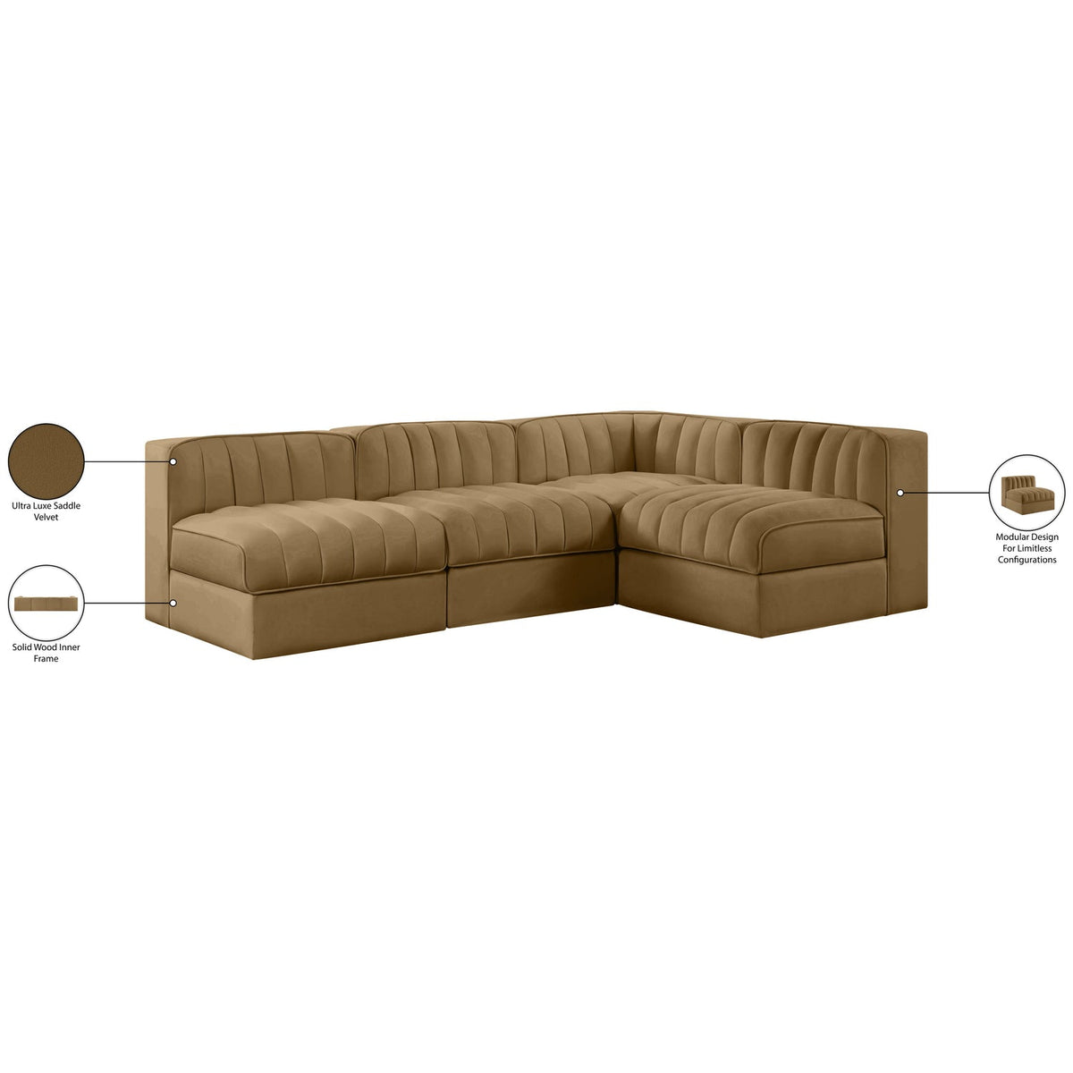 Rummi Saddle Velvet Performance Fabric Upholstered 4 Piece Modular Sectional Sofa