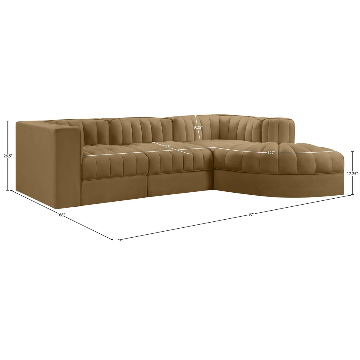 Rummi Saddle Velvet Performance Fabric Upholstered 4 Piece Modular Sectional Sofa