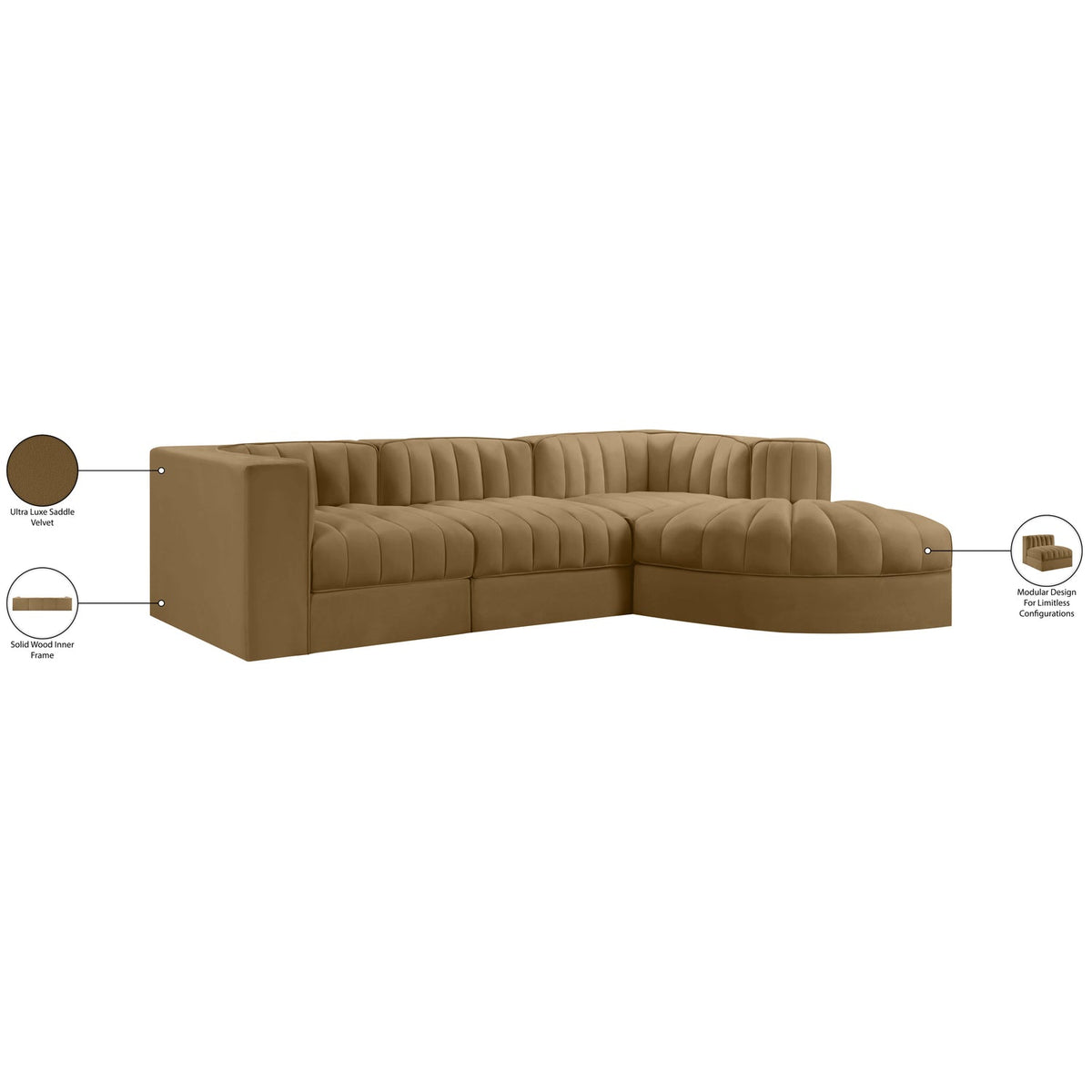 Rummi Saddle Velvet Performance Fabric Upholstered 4 Piece Modular Sectional Sofa