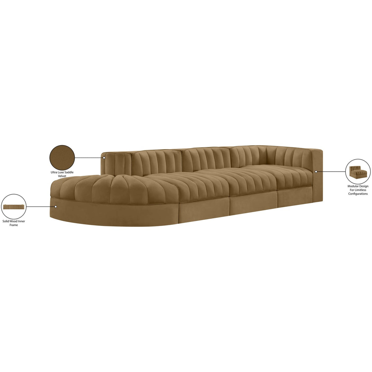 Rummi Saddle Velvet Performance Fabric Upholstered 4 Piece Modular Sectional Sofa
