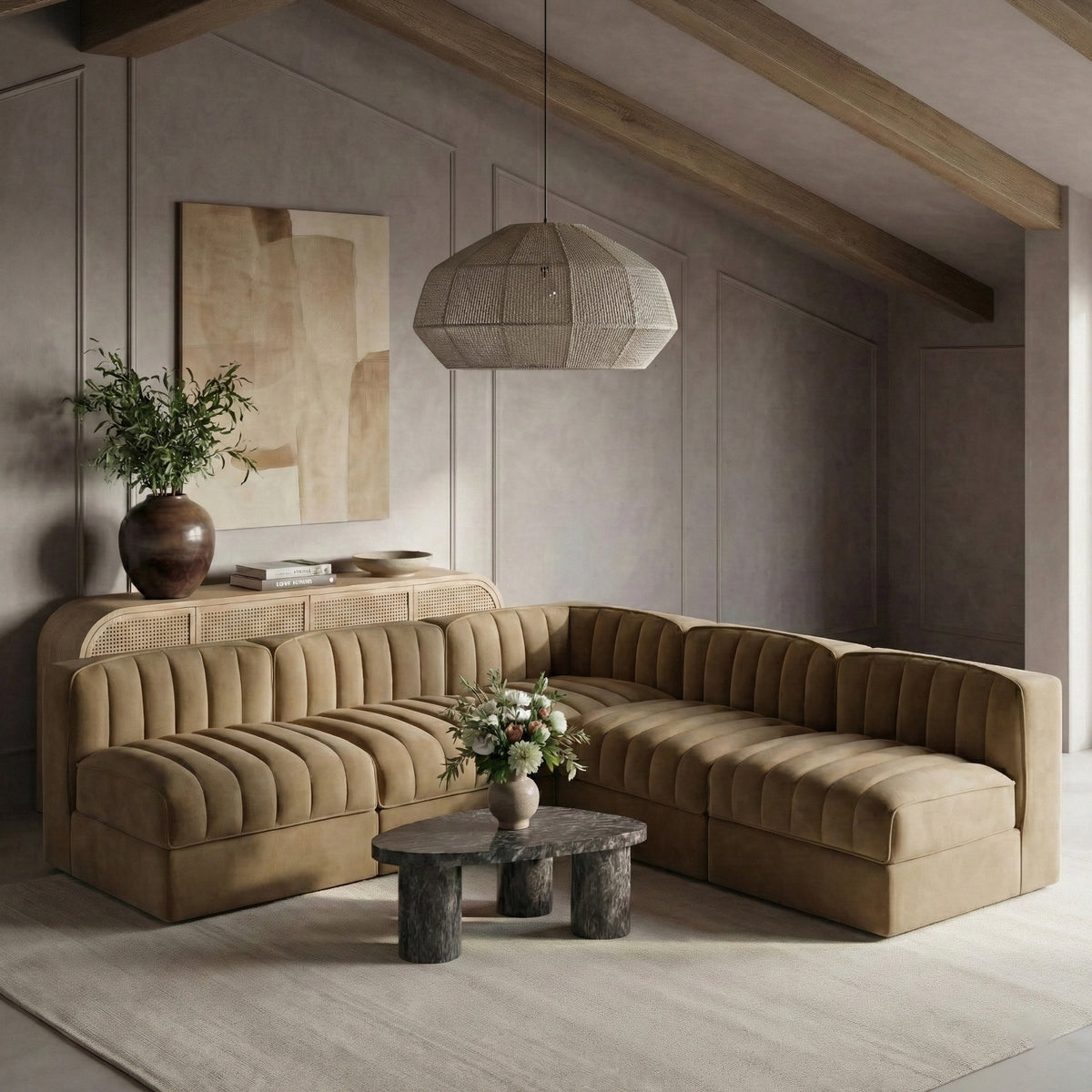 Rummi Saddle Velvet Performance Fabric Upholstered 5 Piece Modular Sectional Sofa