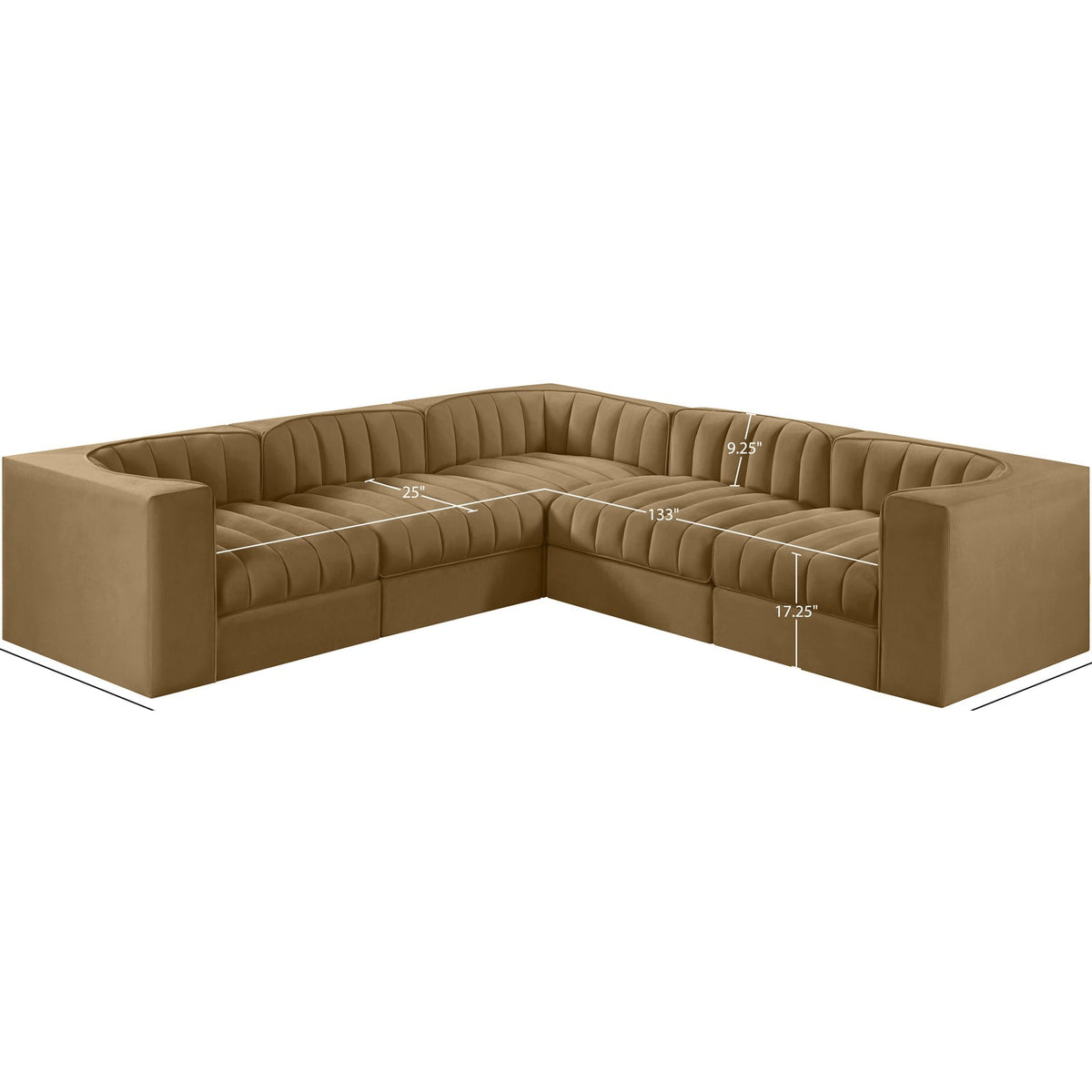 Rummi Saddle Velvet Performance Fabric Upholstered 5 Piece Modular Sectional Sofa