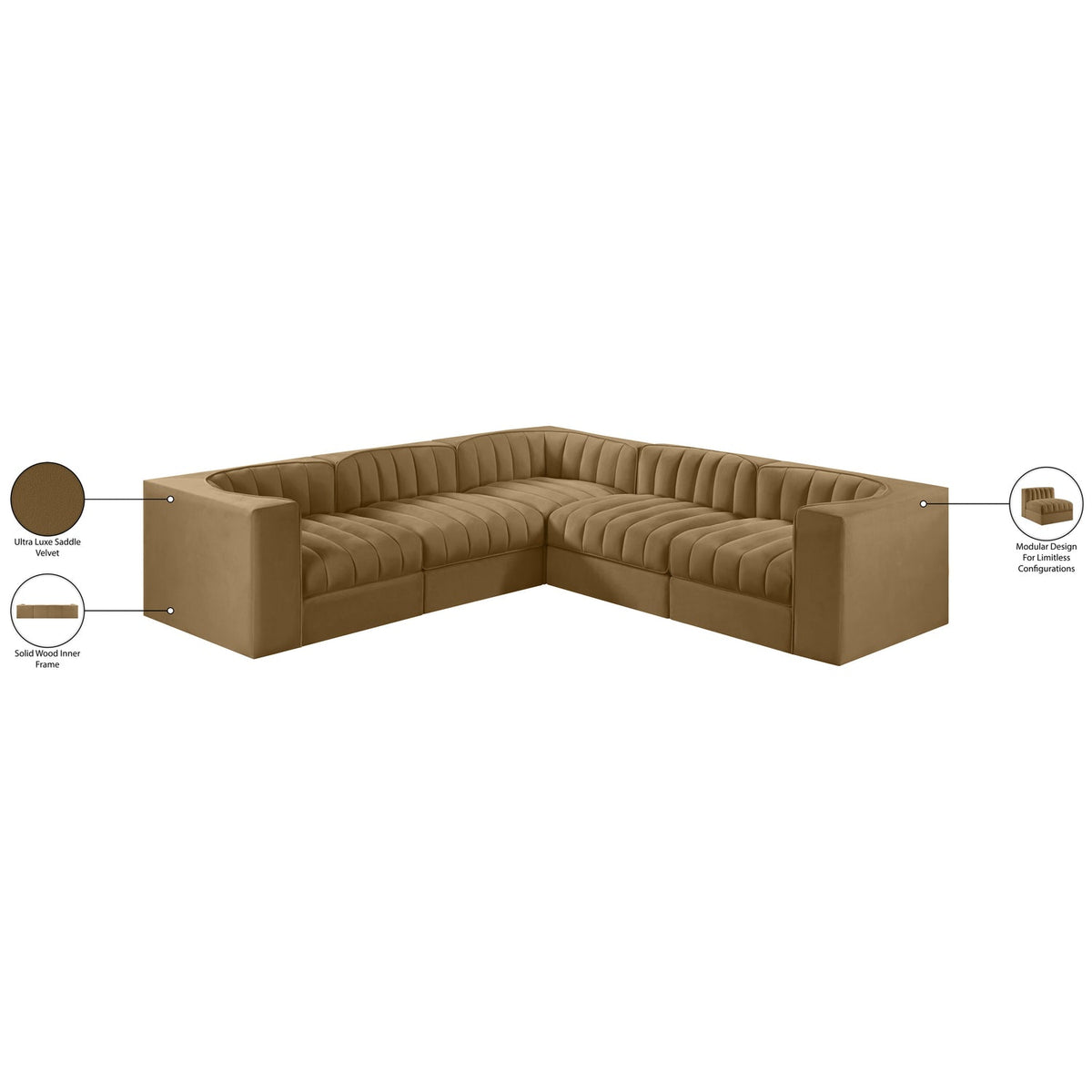 Rummi Saddle Velvet Performance Fabric Upholstered 5 Piece Modular Sectional Sofa