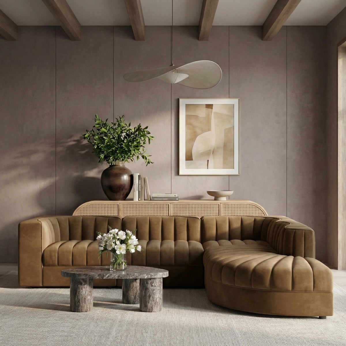 Rummi Saddle Velvet Performance Fabric Upholstered 5 Piece Modular Sectional Sofa