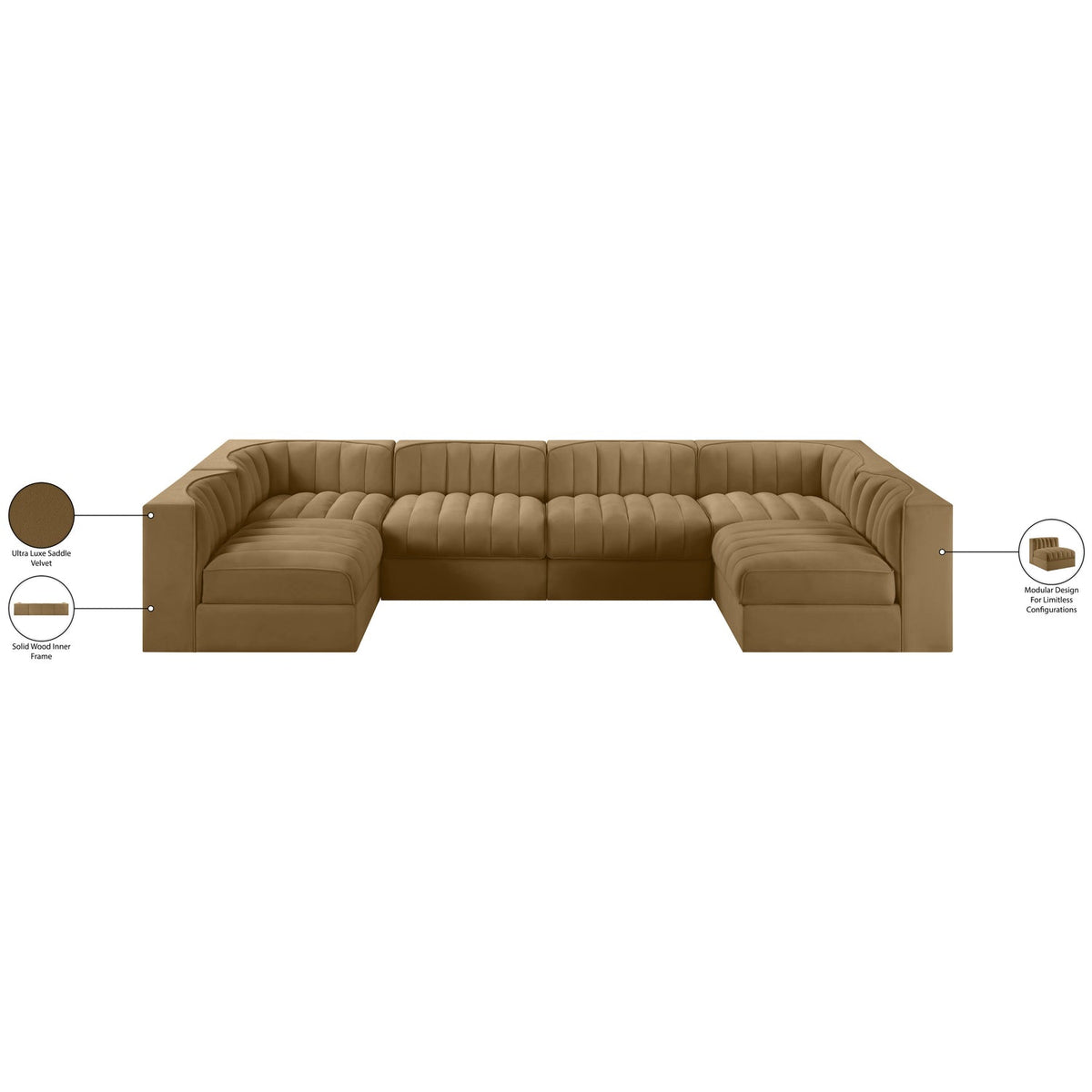 Rummi Saddle Velvet Performance Fabric Upholstered 6 Piece Modular Sectional Sofa