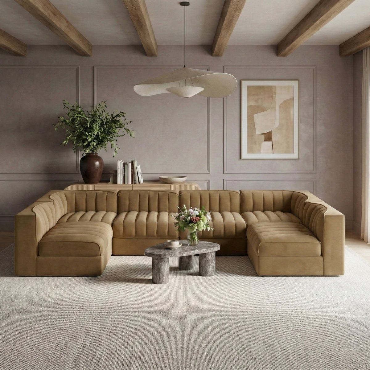 Rummi Saddle Velvet Performance Fabric Upholstered 6 Piece Modular Sectional Sofa