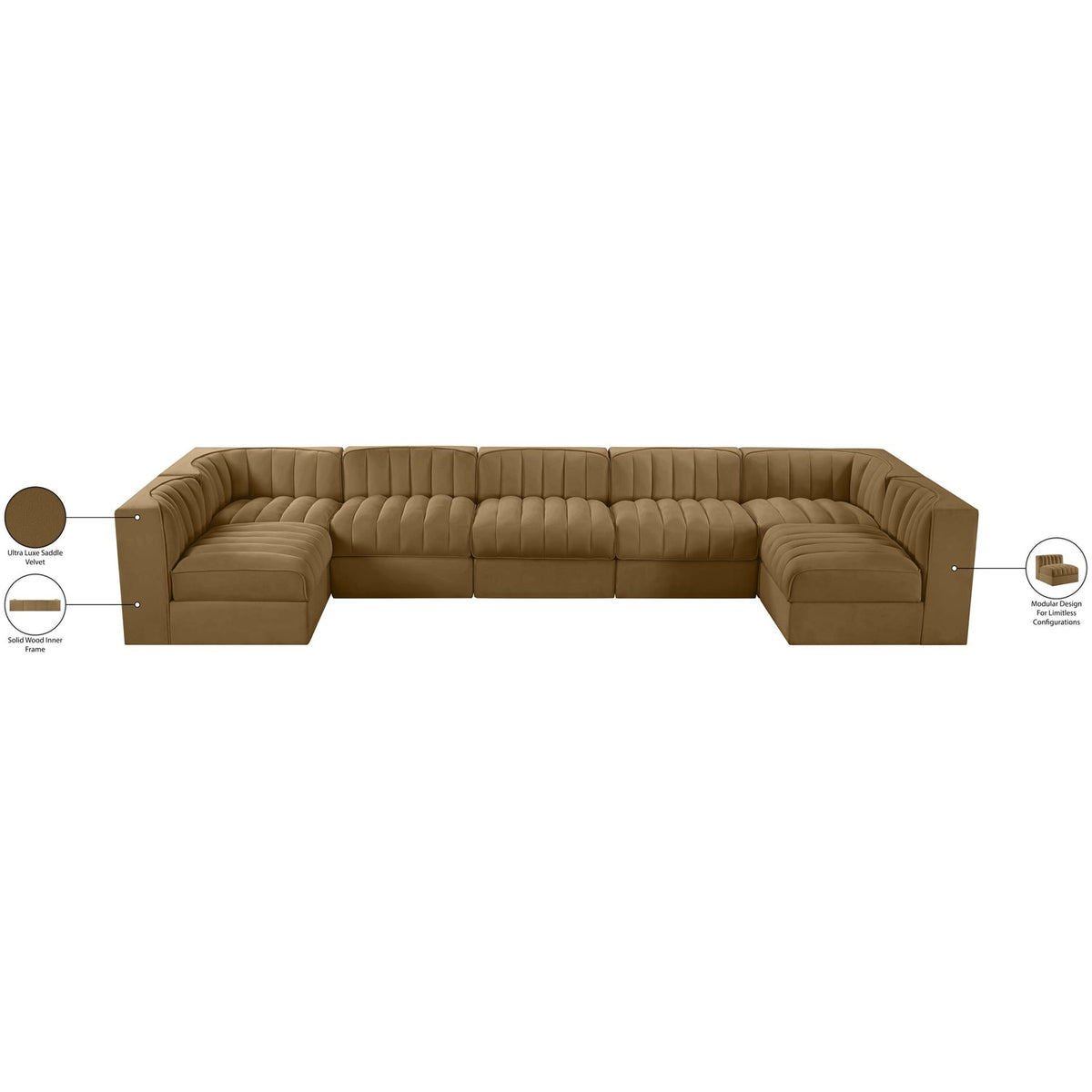 Rummi Saddle Velvet Performance Fabric Upholstered 7 Piece Modular Sectional Sofa