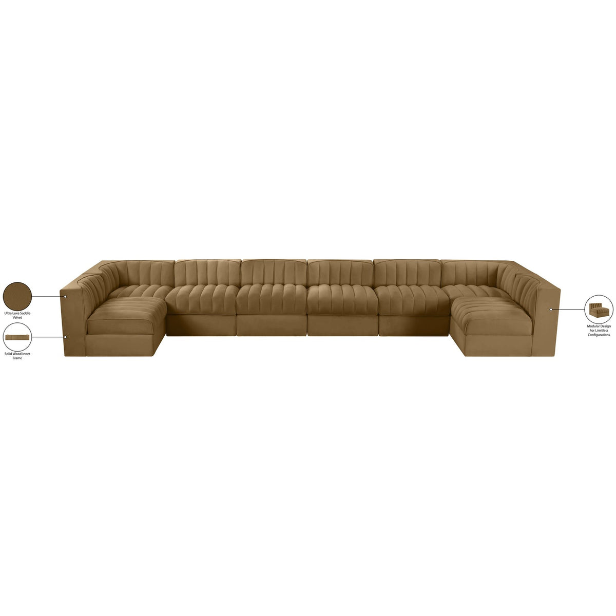 Rummi Saddle Velvet Performance Fabric Upholstered 8 Piece Modular Sectional Sofa