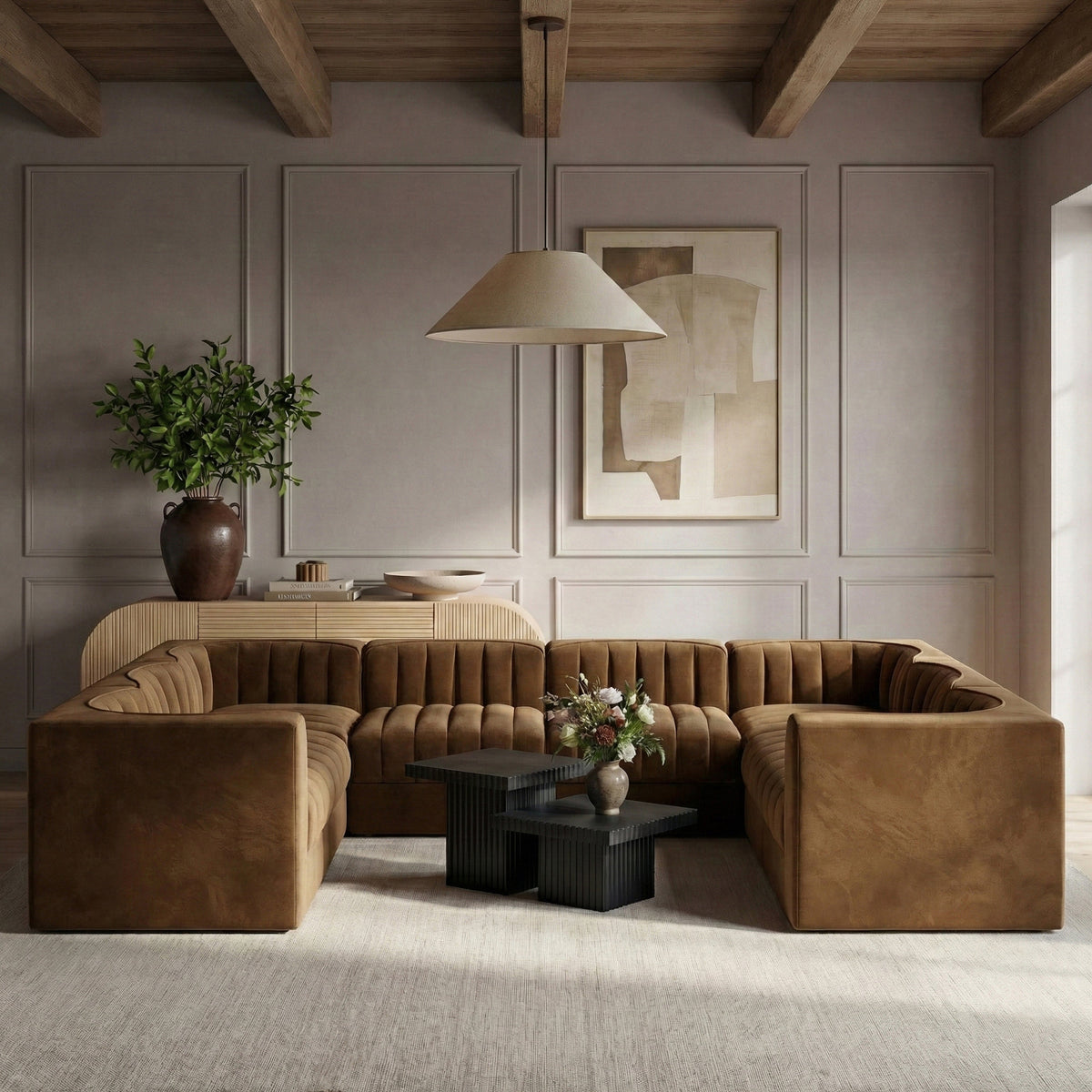 Rummi Saddle Velvet Performance Fabric Upholstered Modular Sectional Sofa