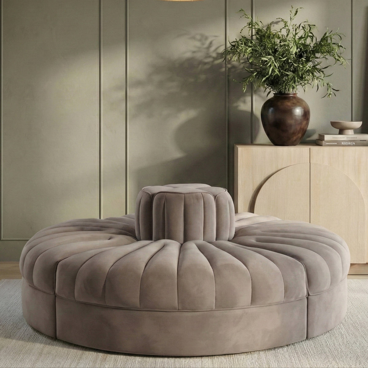 Rummi Taupe Velvet Performance Fabric Upholstered 4 Piece. Modular Sofa