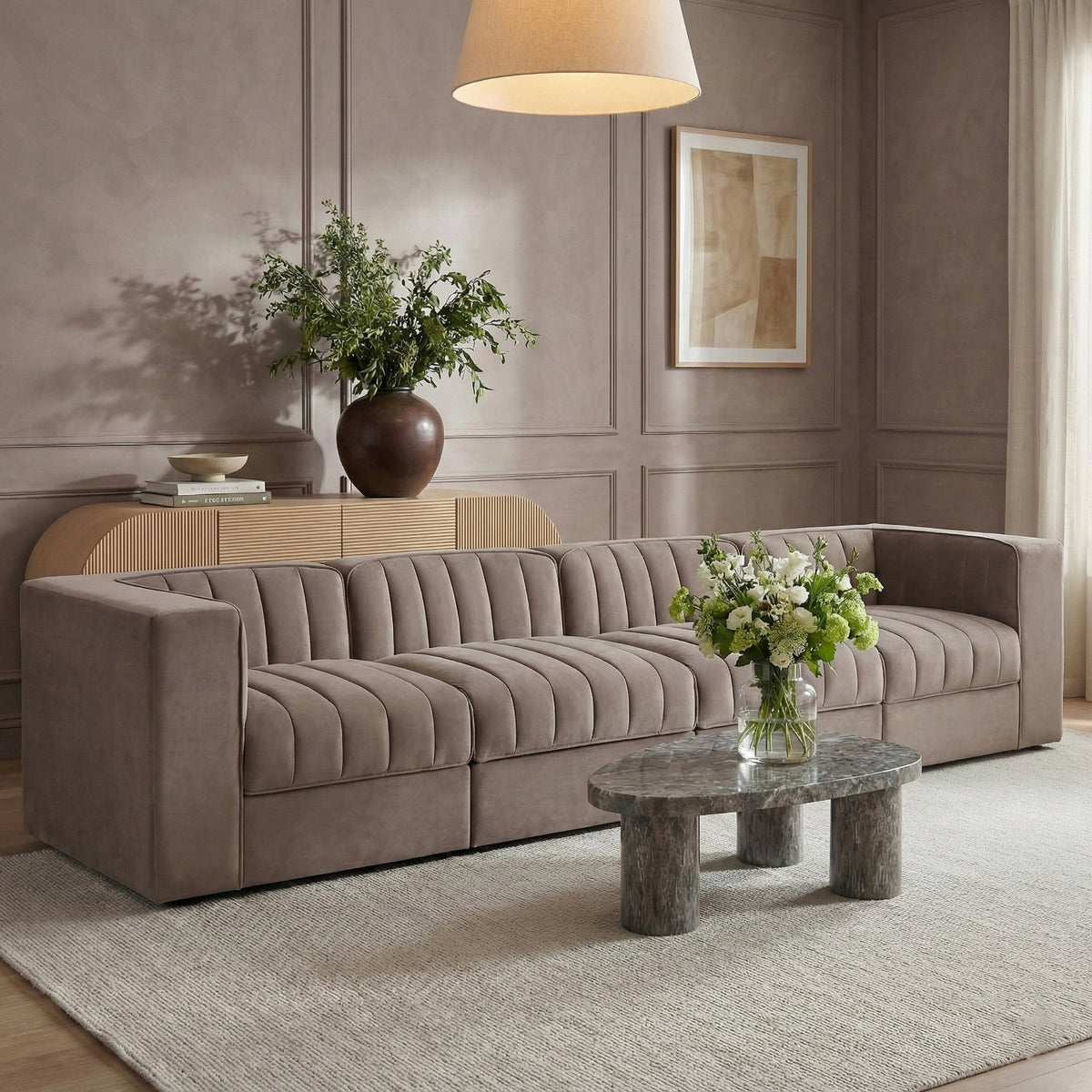 Rummi Taupe Velvet Performance Fabric Upholstered 4 Piece. Modular Sofa