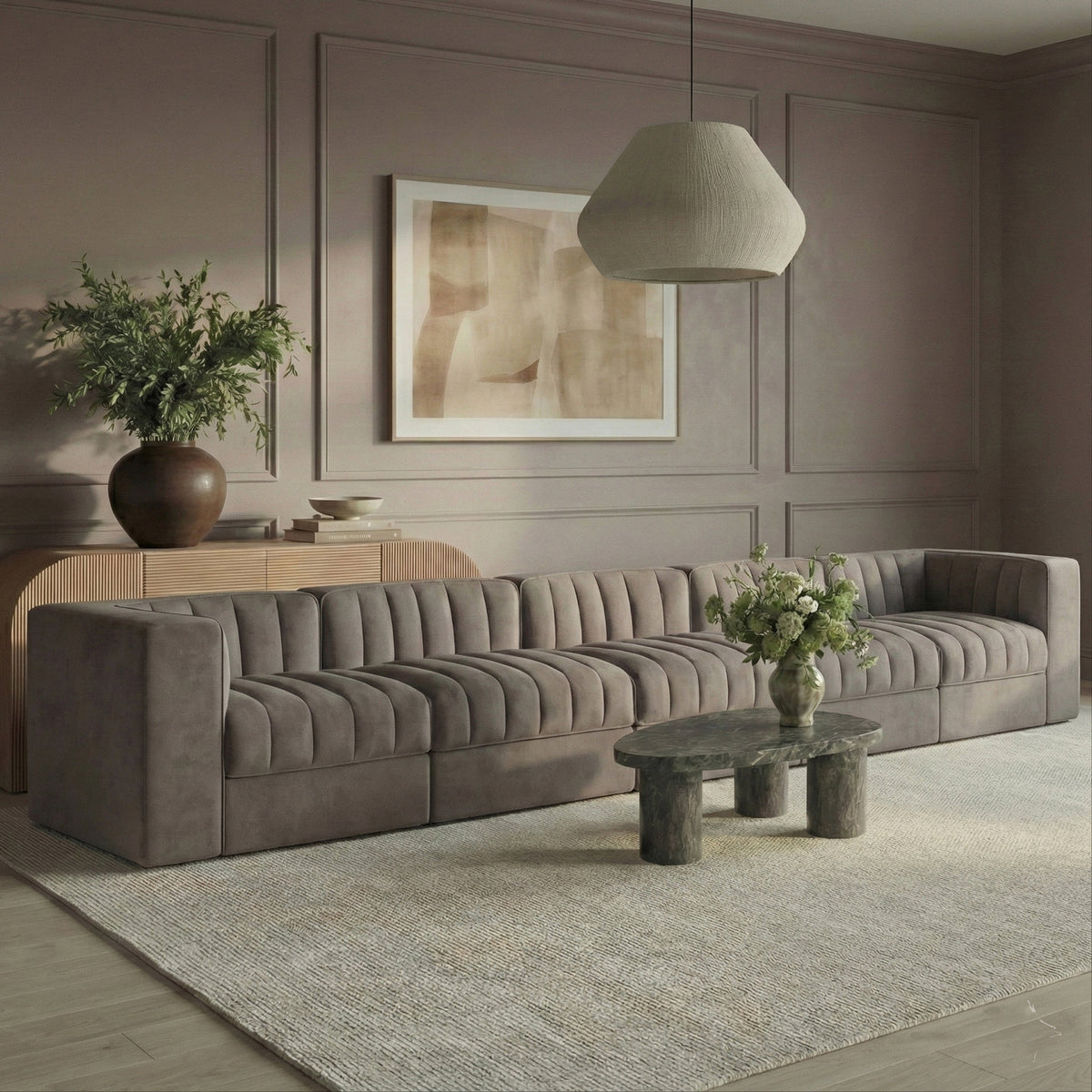 Rummi Taupe Velvet Performance Fabric Upholstered 5 Piece. Modular Sofa