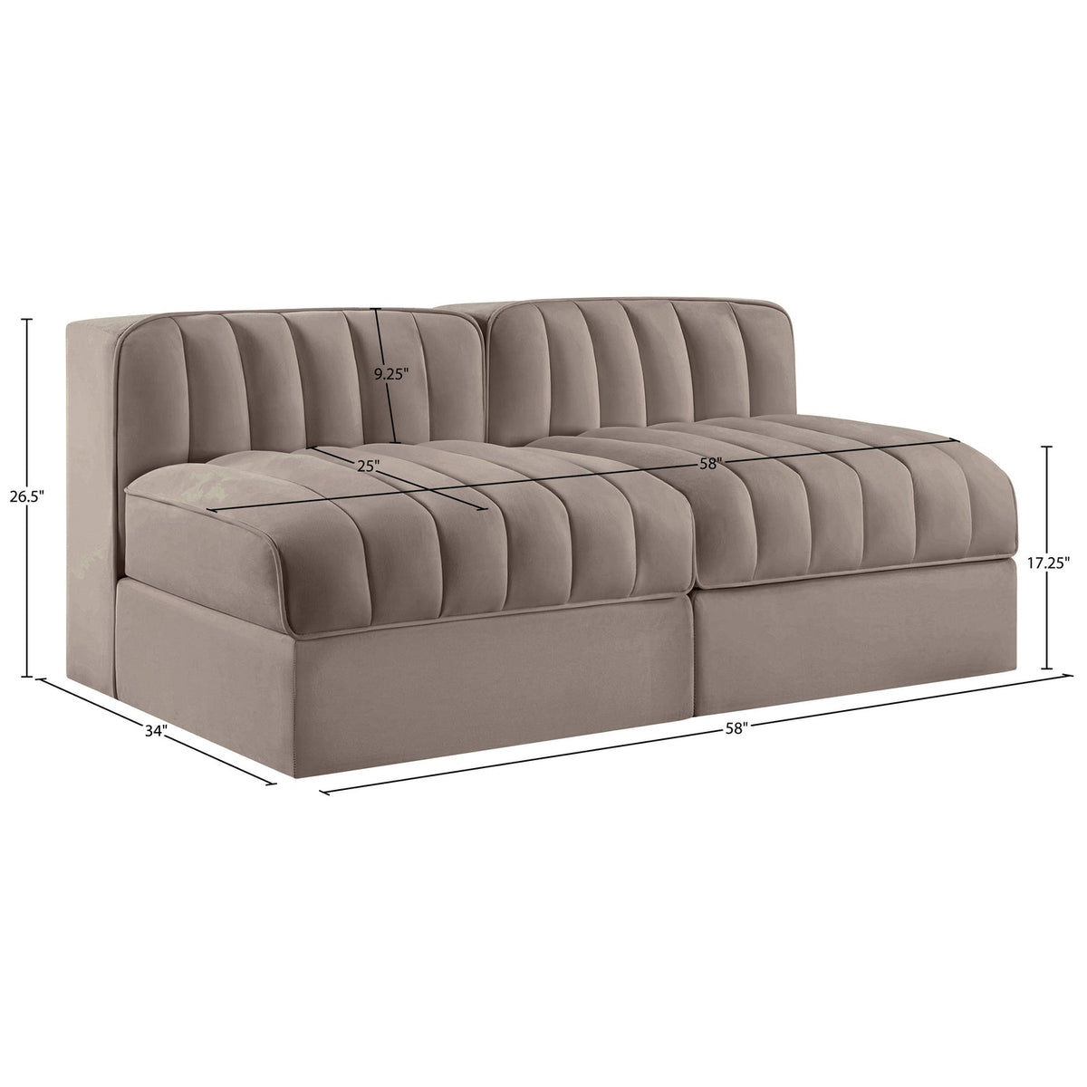 Rummi Taupe Velvet Performance Fabric Upholstered 2 Piece Modular Loveseat
