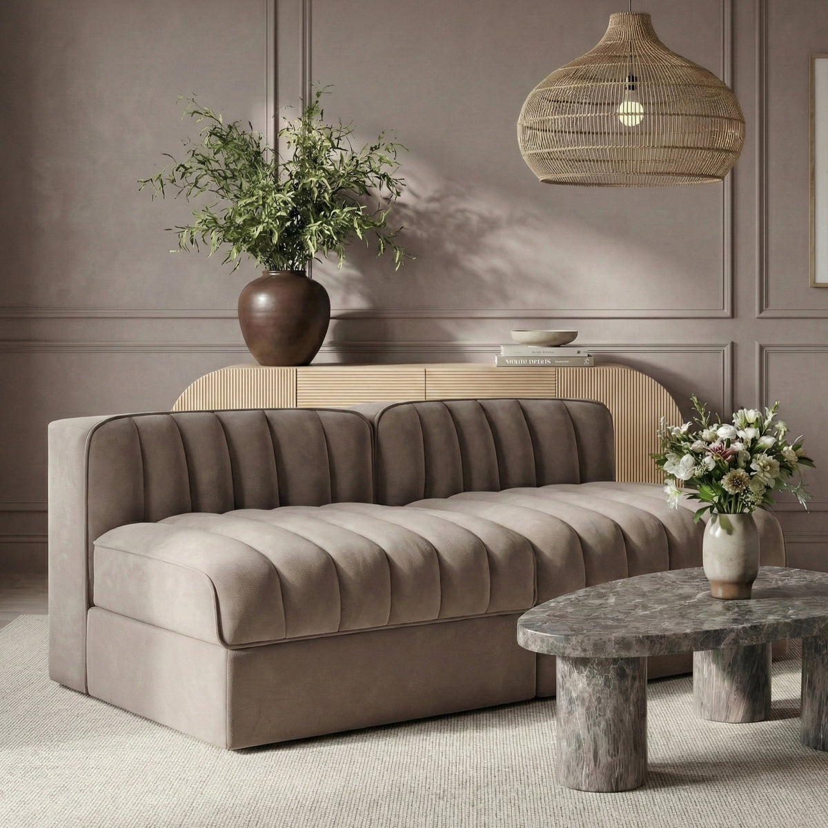 Rummi Taupe Velvet Performance Fabric Upholstered 2 Piece Modular Loveseat