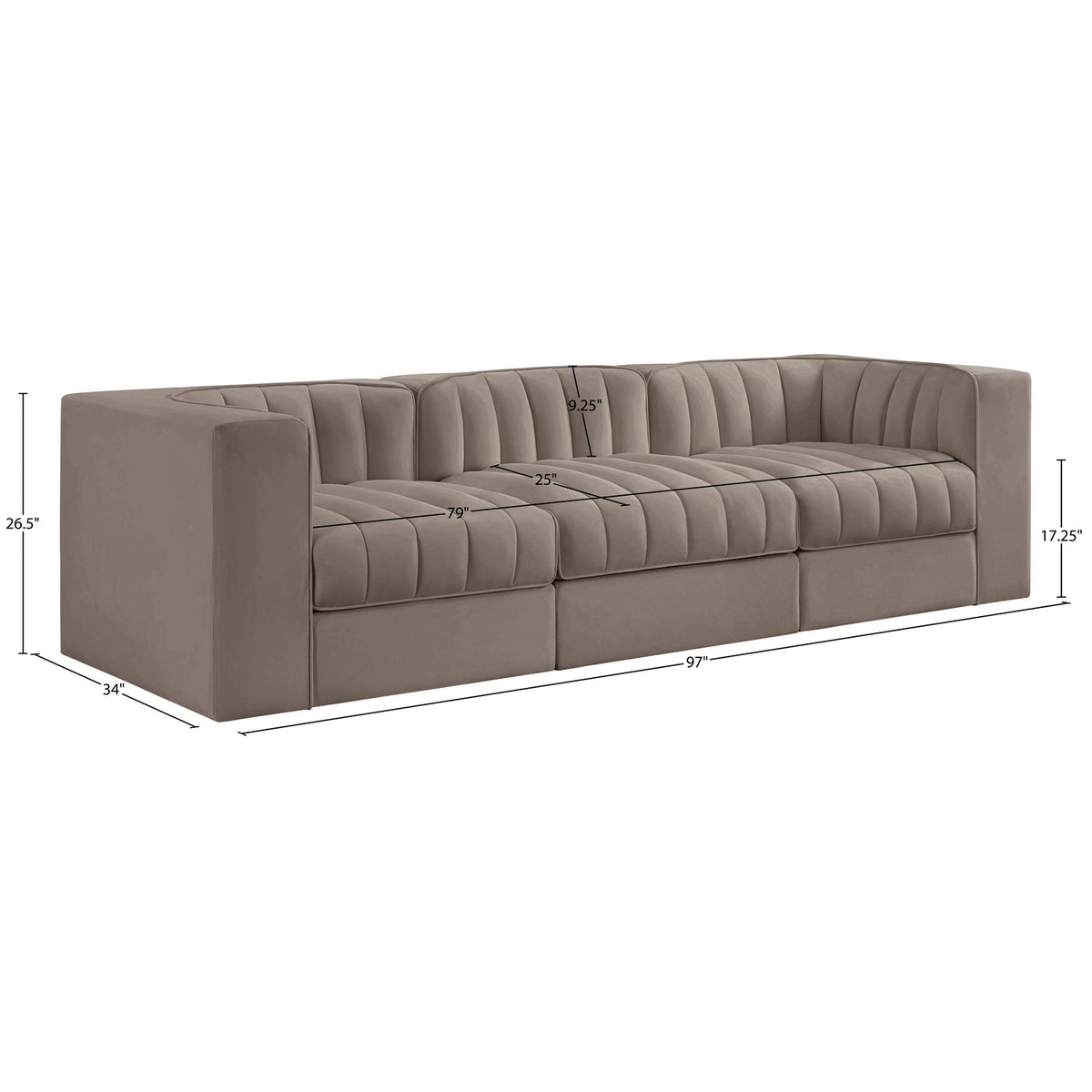 Rummi Taupe Velvet Performance Fabric Upholstered 3 Piece Modular Sofa
