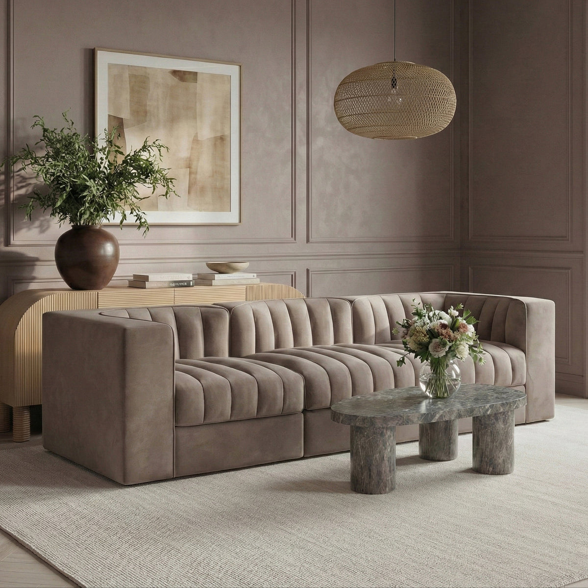 Rummi Taupe Velvet Performance Fabric Upholstered 3 Piece. Modular Sofa