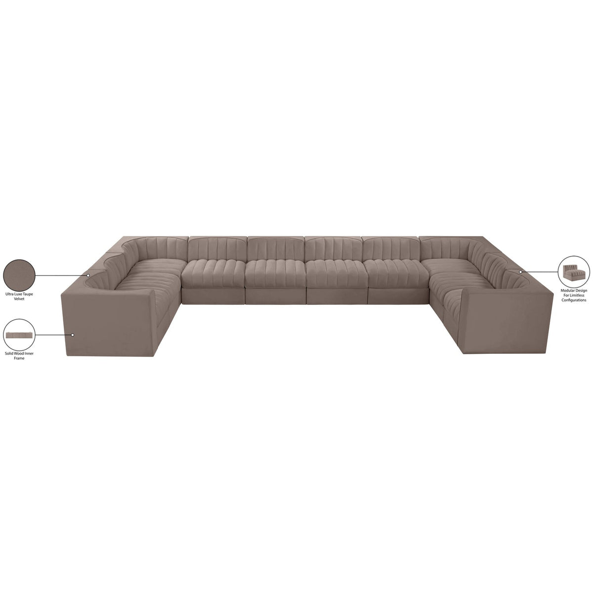 Rummi Taupe Velvet Performance Fabric Upholstered 10 Piece Modular Sectional Sofa