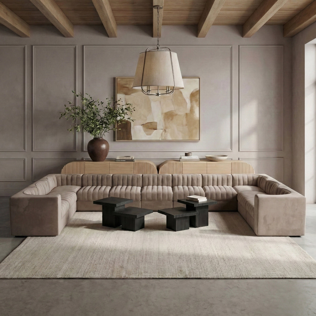 Rummi Taupe Velvet Performance Fabric Upholstered 11 Piece Modular Sectional Sofa