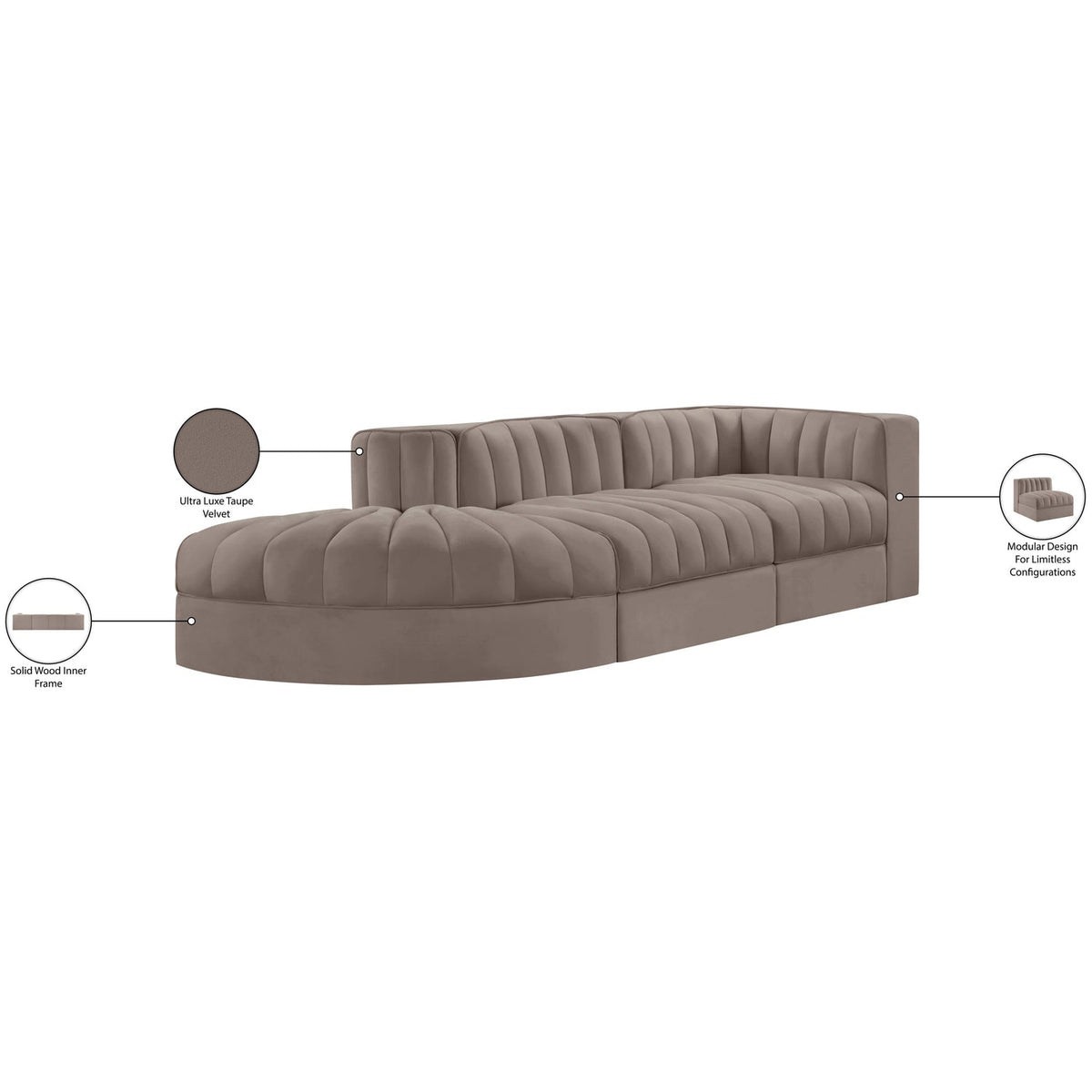Rummi Taupe Velvet Performance Fabric Upholstered 3 Piece Modular Sectional Sofa