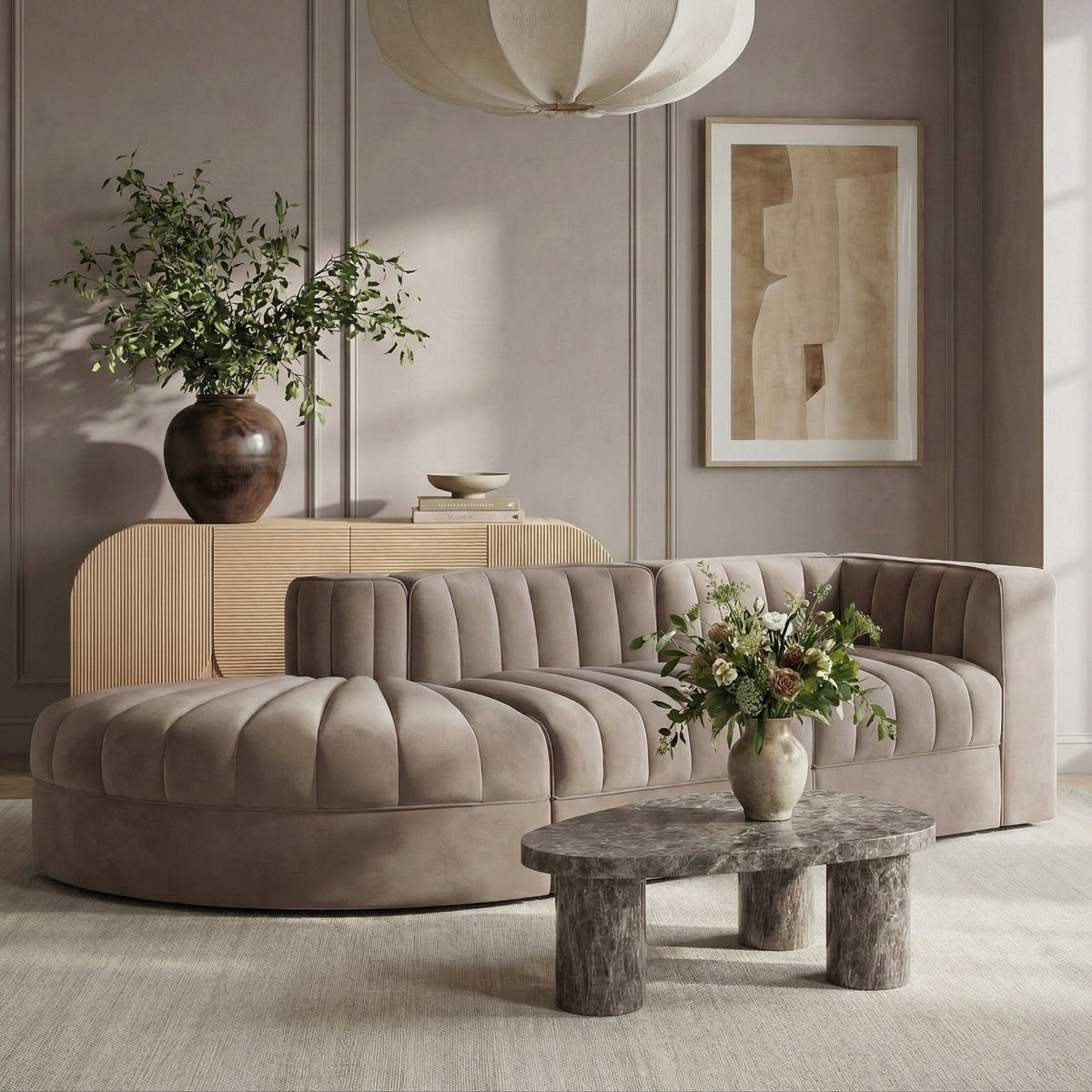 Rummi Taupe Velvet Performance Fabric Upholstered 3 Piece Modular Sectional Sofa