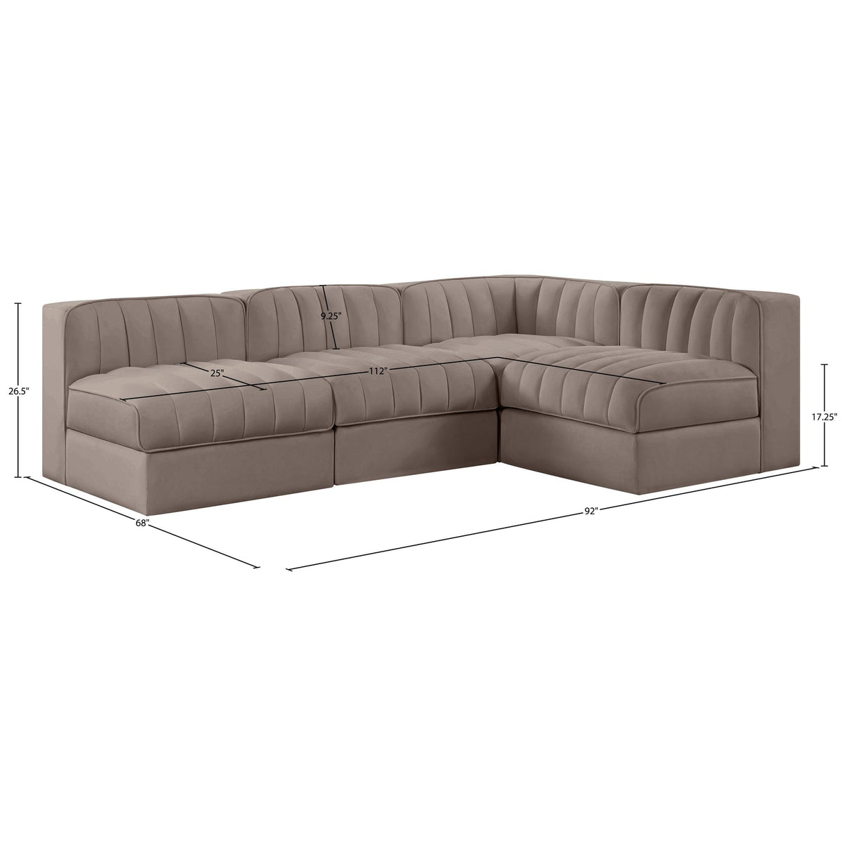 Rummi Taupe Velvet Performance Fabric Upholstered 4 Piece Modular Sectional Sofa