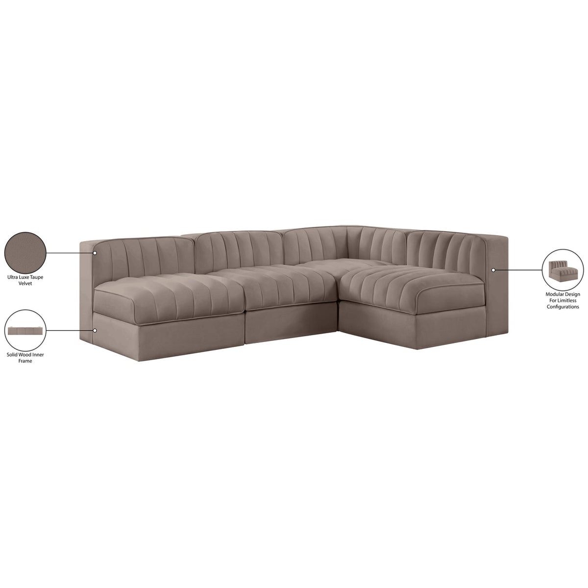 Rummi Taupe Velvet Performance Fabric Upholstered 4 Piece Modular Sectional Sofa
